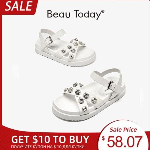 BeauToday Sandals Women Genuine Cow Leather Crystal Detail Ankle Buckle Strap Summer Ladies Casual Platform Shoes Handmade 32231