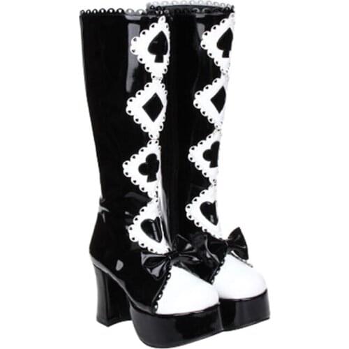 Angelic imprint PU Leather Punk Lolita Black and White Gothic Queen High Heel Platform Lolita Cosplay High Boot size35-46 8370