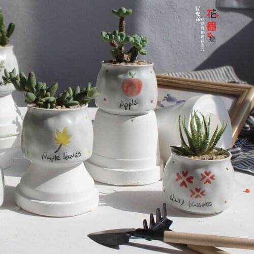Succulent Pot With Hole Floral Design Ceramic Fruit Planters Flowerpot Cute Home Garden Bonsai Pot Gift Desktop Decor Flower Pot