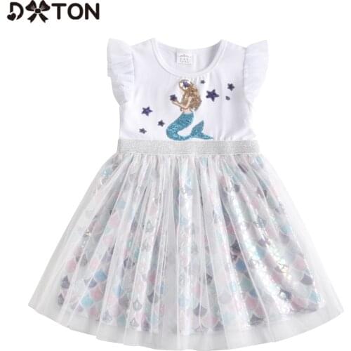 DXTON Summer Girls Short Sleeve Dress New Mermaid Princess Kids Dresses Sequin Star Girls Birthday Party Dress Children Costume