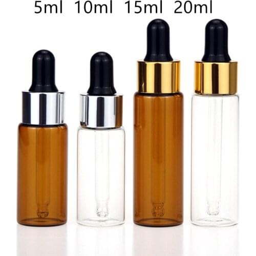 50pcs/lot 5/10/15/20ml Amber Glass Dropper Bottle With Black Lid Portable Glass Eye Dropper Aromatherapy Esstenial Oil Bottle