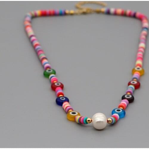 Go2Boho Real Pearls Necklace For Women Heishi Disc Bead Turkish Evil Eye Choker Perle Necklaces jewelry Collares Boho Jewellery