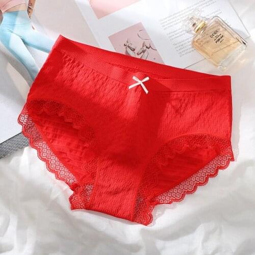 Cotton Womens Underwear Lace Edge Seamless Mid Waist Briefs, Ladies High Elastic Cotton Breathable Buttocks Comfortable Briefs