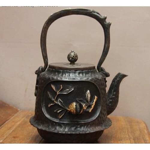 Jepanese Iron Silver Gilt Pomegranate Inscription Water Bottle TeaPot Teakettle