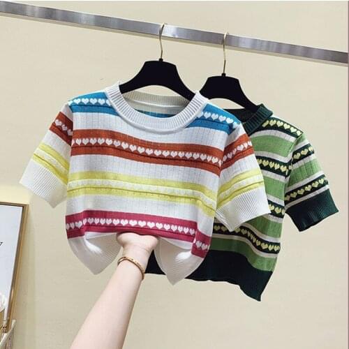 Summer Crop Top Pullover Ribbed Knitted Sweater Thin Clothes Women 2021 O Neck Short Sleeve Basic Woman Sweaters Short Tops