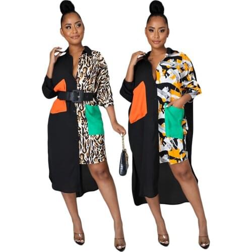 Fashion Patchwork Shirt Dress Sleeveless Trendy Contrast Print Lapel Neck With Fashion Pockets Nightclub Party Bodycon Dresses