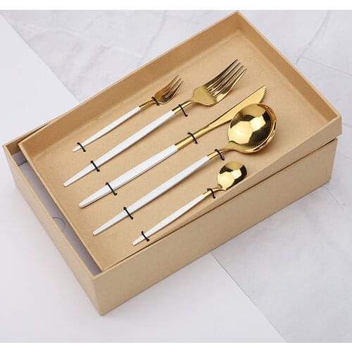 Golden Cutlery Set White Gold Stainless Steel Tableware Cutlery Sets Spoons Knives Forks Dinnerware Set with Gift Box