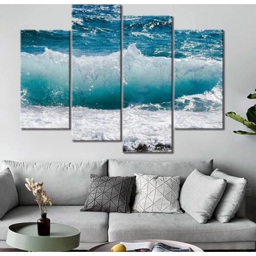 Wall Posters and Prints 4 Pieces Beach Rough Waves Seascape Wall Art Canvas Paintings Wall Pictures for Living Room Decoration