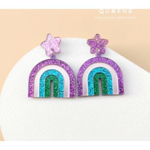 Wholesale 2020 Newest Unique Retro Pentagram Rainbow Multicolor Acrylic Drop Earrings For Women Cute Lovely Girls Party Jewelry