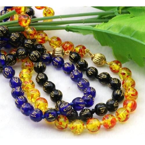 8mm Black Blue Goldcolor Six Character Proverbs Resin Necklace Unisex Round Beads Neckwear Faith Hand Made Jerelry Making Design