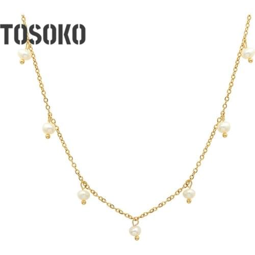 TOSOKO Stainless Steel Jewelry Freshwater Pearl Necklace Womens Simple Fashion Clavicle Chain BSP008