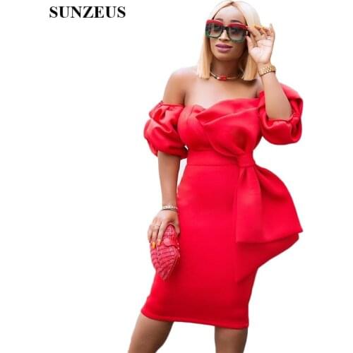 Red Jersey Straight Cocktail Dresses Knee Length with Pockets Short Night Party Dress with Big Bow Charming Prom Dresses