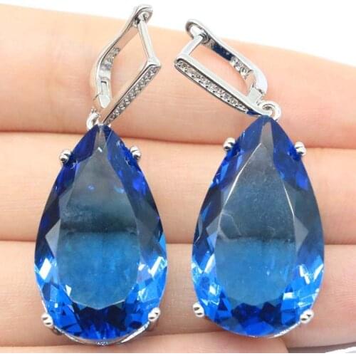 35x20mm Big European Design Round 16g 20mm Created London Blue Topaz CZ Womans Dating Silver Earrings Eye Catching