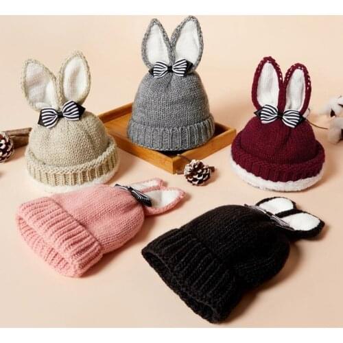 Knitted Cute Hat Bonnets Autumn Winter Childrens Cashmere Beanie Rabbit Ears Bow Infant Girl Boy Baby Earmuffs Headgear