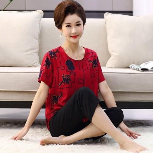 Comfortable Short Sleeve Cropped Trousers Pajamas Set New Middle-Aged Mothers Sleepwear Home Suit Loose Pyjamas Women XL-4XL