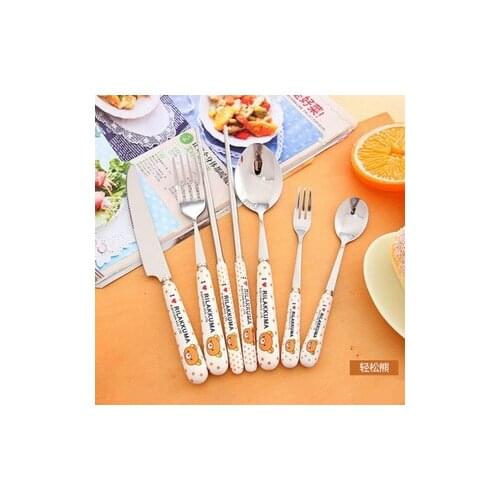 Polka Dot Rilakkuma/KT/Doraemon Ceramic Handle Stainless Steel Spoon Fork Chopsticks Kit Creative Cartoon Tableware Dinner Set