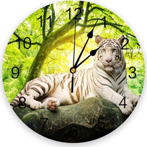 Green Forest Animal White Tiger Stone Wall Clock Modern Design Round Indoor Home Office Living Room Decoration House