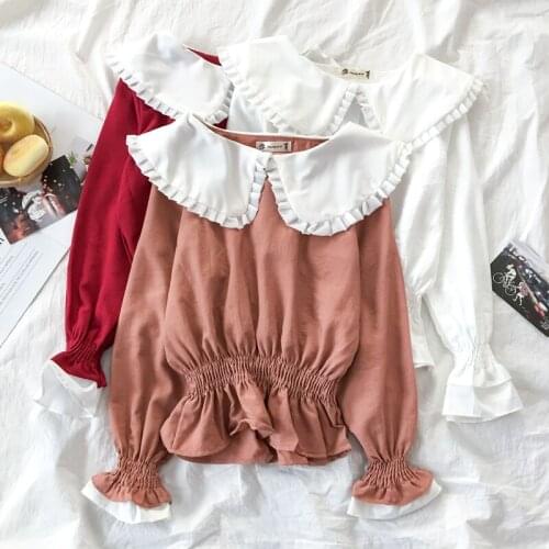 Preppy Style Patchwork Blouses Women Ruffles Peter Pan Collar Ladies Shirts Casual Long Sleeve Sweet Cute Tops Blusas Mujer