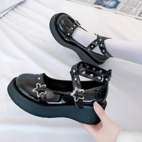 Punk Gothic Girls Cosplay Japanese Rivet Cute Anime JK Lolita Shoes Women Harajuku Feminine Platform Black Buckle Mid Heel 5cm