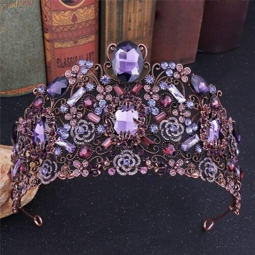Vintage Purple Crystal Brides Tiara Crown for Women Large Headbands Prom Pageant Bridal Wedding Hair Jewelry Head Ornaments