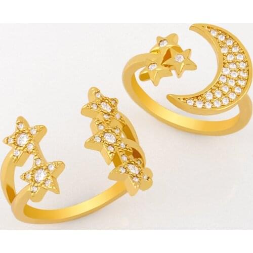 FLOLA CZ Gold Filled Star Moon Cuff Rings For Women Adjustable Crystal Star Open Finger Rings Knuckle Geometric Jewelry rigj54