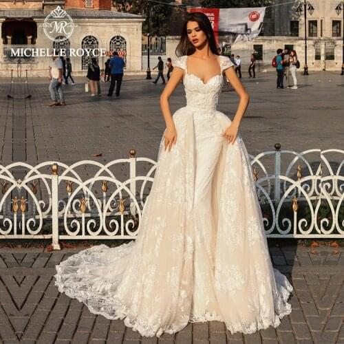 Michelle Royce 2 In 1 Wedding Dresses 2021 Sexy Sweetheart Short Sleeve Appliques Detachable Train Bridal Gowns Vestido De Noiva