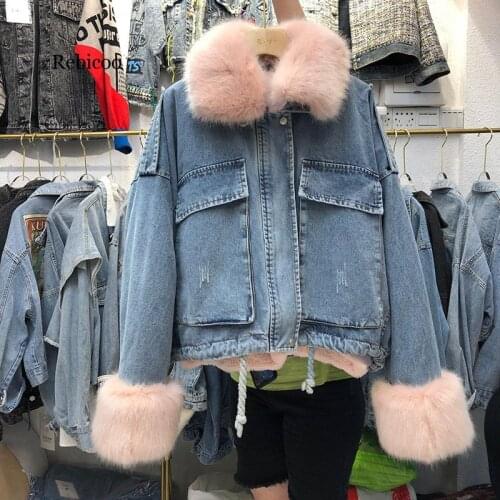 Winter Warm Lamb Coat Big Pocket Denim Jacket For Women Thick Large Fur Loose Parka Plus Size Denim Parka For Winter