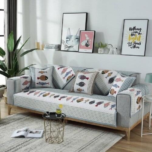 1piece four seasons universal cotton printed cartoon sofa cover Nordic simple lattice fish non-slip cushion sofa towel