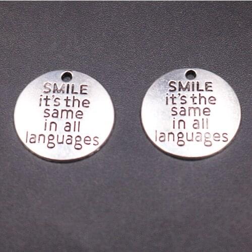 15pcs Silver Plated SMILE It is the same in all languages Round Tag Metal Pendant DIY Charm Keychain Jewelry Crafts Making P714