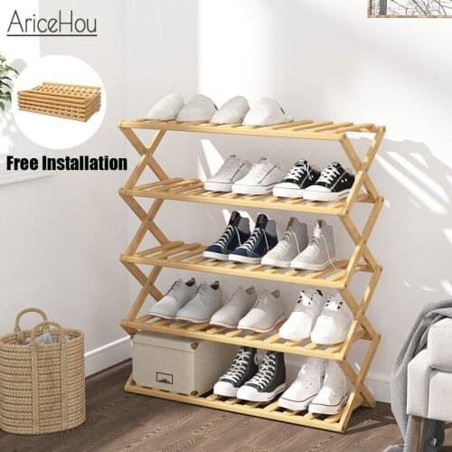 Bamboo Shoe Rack Simple Household Shoe Storage Shelf Multi-Layer Folding Installation-Free Dormitory Shoe Cabinet StandFootwear
