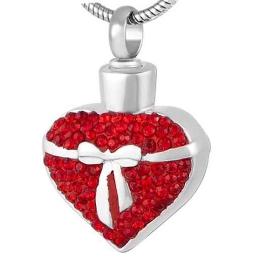 IJD8675 Hot Selling 316L Stainless Steel Red Crystal Heart Memorial Urn Necklace Hold Cremation Ashes Keepsake Funeral Casket