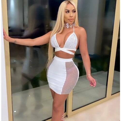 Sexy Party Club 2 Piece Skirt Set for Women Rhinestone Sparkly Halter Co-ord Sets Backless Festival Clothes Matching Sets Outfit