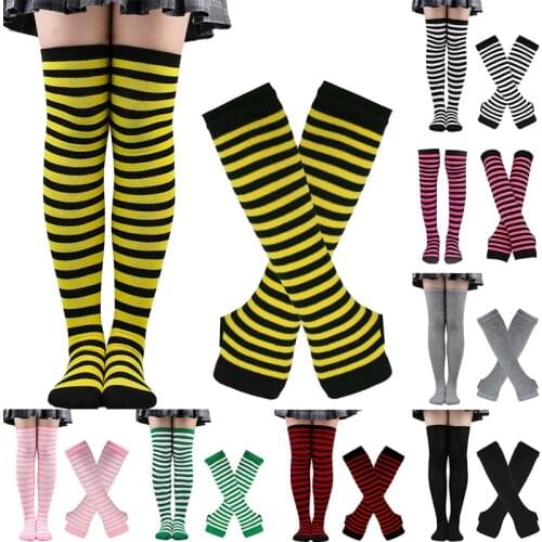 Womens Sleeve High Socks Set Stripes Over Knee Arm Warmer Fingerless Gloves Set Fancy Dress Cosplay Masquerade Party Costume
