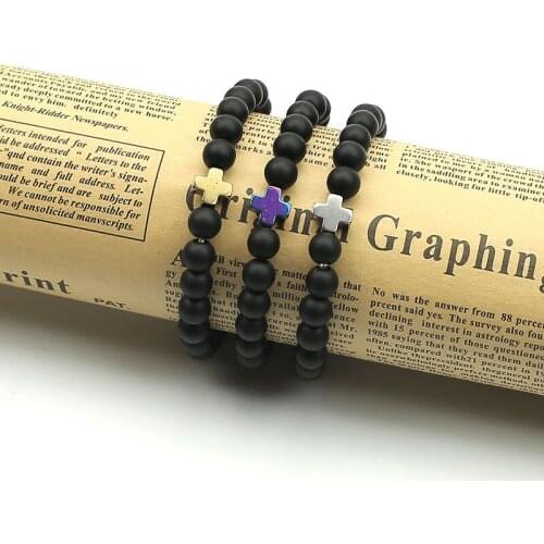 Cool Gallstone Cross Charm Men Bracelet Natural Matte Stone 8MM Beads Handmade Lucky Gift Bracelets & Bangles for women Jewelry