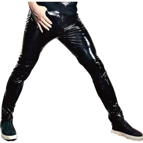 Men Black Leather Motorcycle Pants Tide Fashion Rock Hip Hop Singer Dancer Stretch PU Trousers Slim Fit PU Size Red Stage Wear