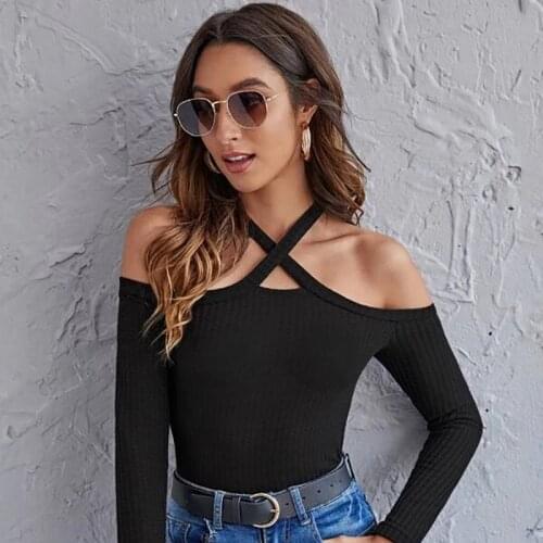2021 New Word Collar Strapless Cross Neck Bottoming Sweater Slim Long Sleeve With Autumn And Winter Tight Knit Sweater Tops