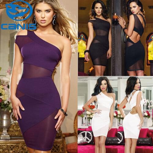 New Summer Women Sexy Dress Half Shoulder Backless Slim Mini Dress Lady Sexy Night Club Wear Dress White Purple Black