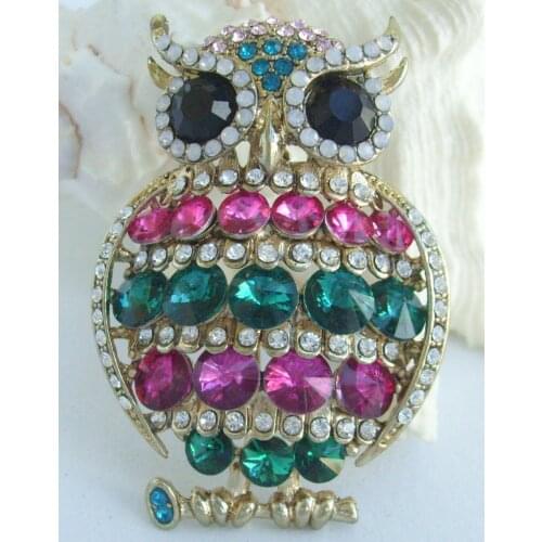 HelenaJewelry 2.56" Gold-tone Multicolor Rhinestone Crystal Owl Brooch Pin Pendant EE05960C6