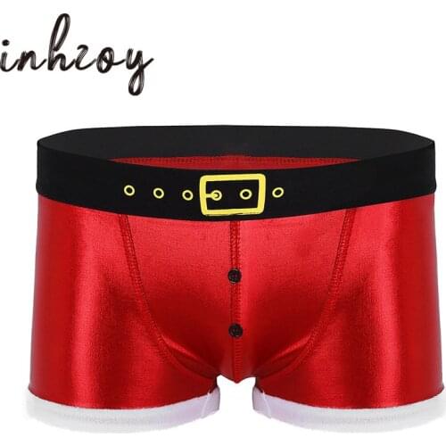 Christmas Underwear Men Red Faux Leather Belt Printed Panties Holiday Novelty Santa Claus Costume Male Sexy Tight Boxer Shorts
