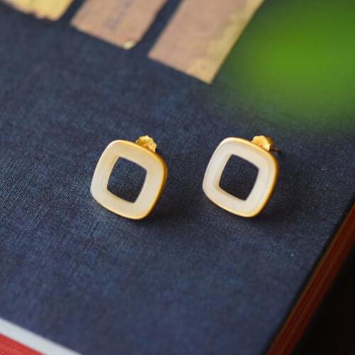 S925 Sterling Silver White Jade Stud Earrings Simple High-Grade Square Square Square Womens Trendy Trendy Earrings Sweet Elegan