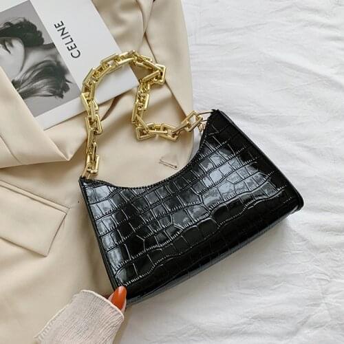Crocodile Pattern Shoulder Armpit Bag Fashion Design Thick Chain Vintage Baguette Bag For Women PU Leather Underarm Bag Handbags