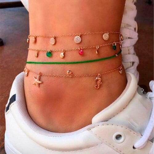 Tocona 5pcs/sets Bohemian Seahorse Starfish Foot Chain Colorful Crystal Stone Anklets for Women Rope Beach Jewelry C04109