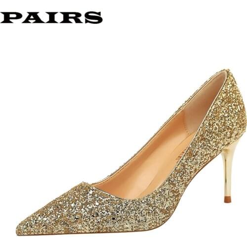 Spring Autumn Women Bling Pumps Sexy Gold Silver High Heels Shoes Fashion Luxury Rhinestone Wedding Party Shoes Plus size 43