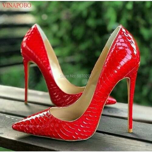 Vinapobo Brand Red Snake Pattern Sexy Women Pointed Toe Stiletto Extremly High Heels Ladies Slip on Party Pumps Wedding Shoes
