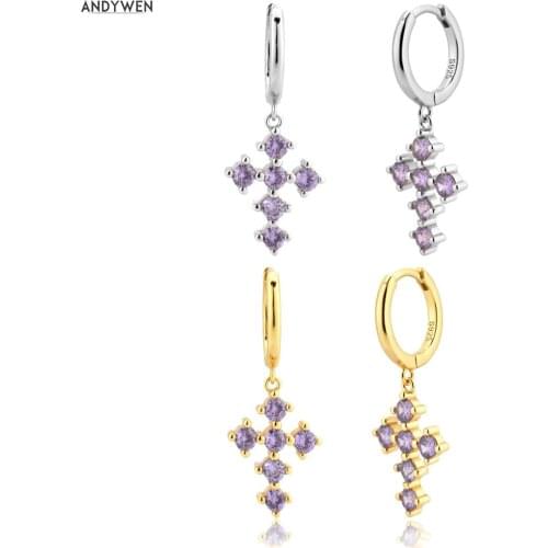 ANDYWEN 925 Sterling Silver Gold Purple Drop Earring 2020 Rock Punk Luxury Women Cross Pendiente Ohrrigne Luxury Jewelry