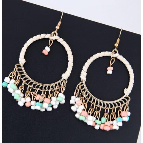 Bohemian Blue Tassel Earrings Vintage V Shaped Colorful Beads Silver Color Long Dangle Drop Earrings Charm Femme Travel Jewelry