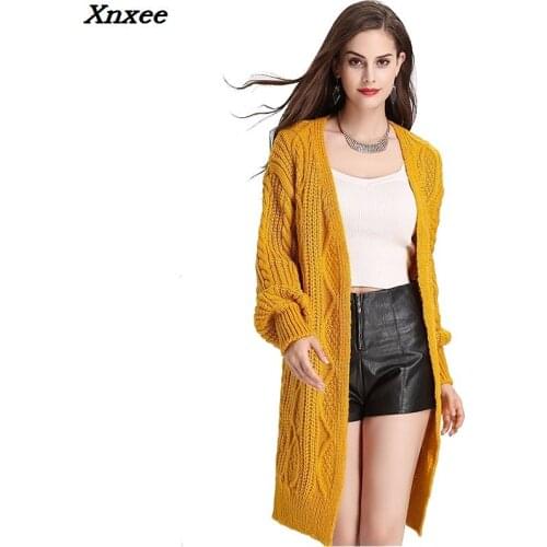 Women Long Cardigans Knitting sweater Autumn Winter Open Stitch coat long loose puff sleeve knitting coats female warm outwear