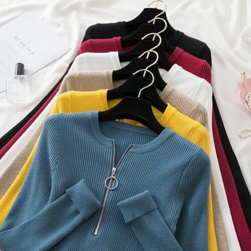 Women Sweater 2021 Autumn Winter Long Sleeves Tops Korean Zippers O-Neck Pullover Knitted Jumper Elegant Soft Warm Pull Femme