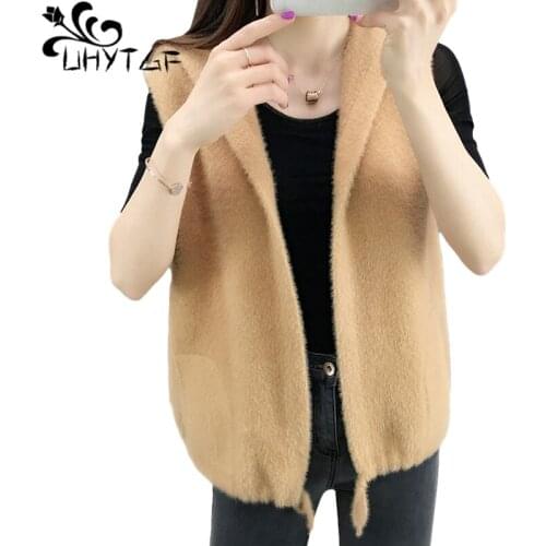 UHYTGF Imitation Mink Fleece Autumn Winter Sweater Vests For Women Coats Hooded Sleeveless Casual Waistcoat Cardigan Female 1910
