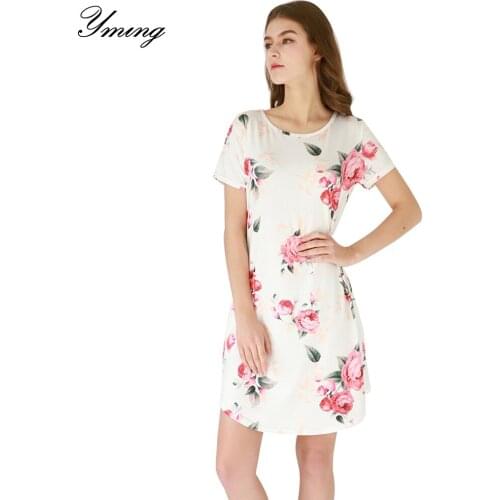 YMING Boho Floral Print Women Dress Plus Size Pockets Casual Party Dresses Short Sleeve White Mini Dress Beach Sundress Vestidos